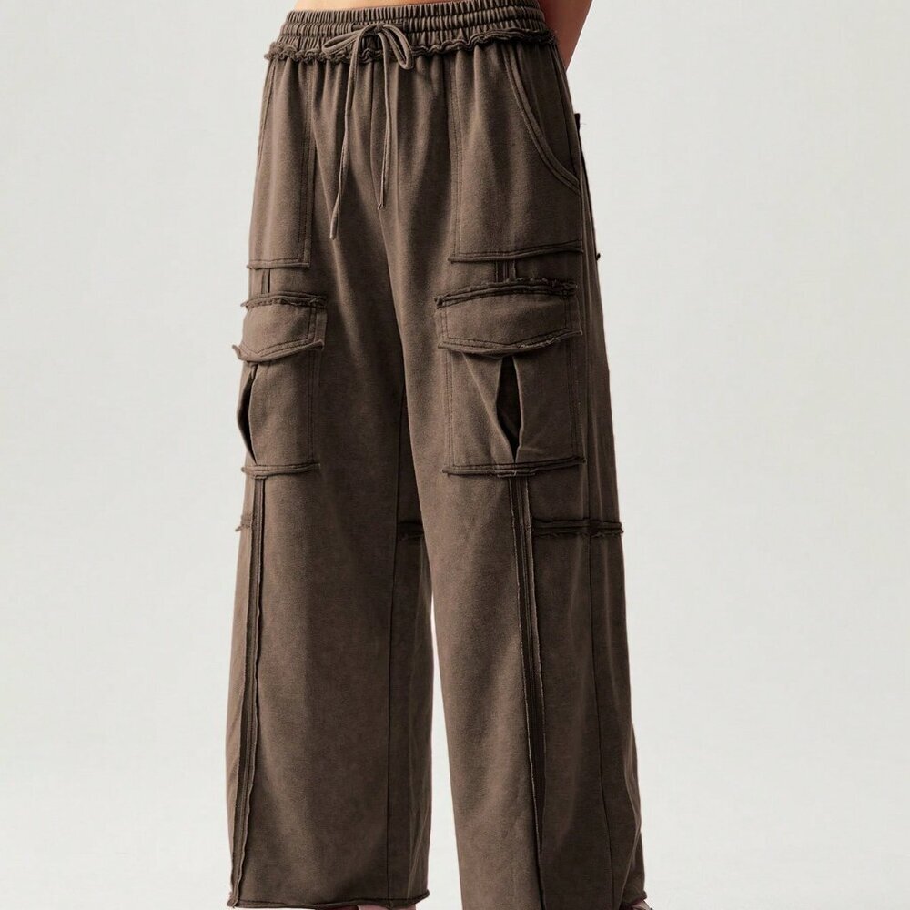 Coffee Brown Casual Women's Vacation Knit 3d Pocket Wide Leg Pants - Picture 7 of 8